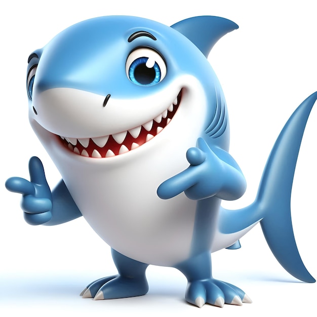 a blue shark with big teeth pointing at the camera