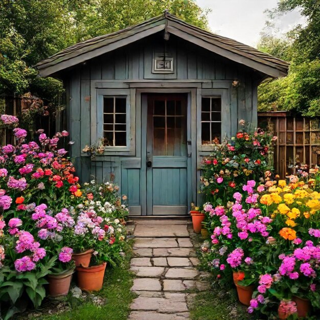 a blue shed with a door that says e on it