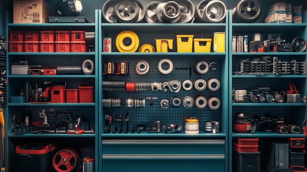 Photo a blue shelf with a lot of tools and a shelf that says ooon it