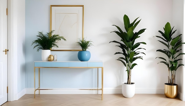 Photo a blue shelf with plants and potted plants on it