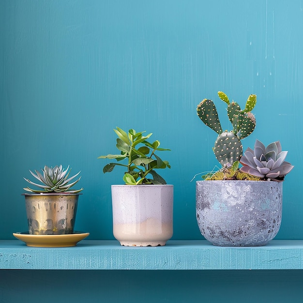 Photo a blue shelf with potted plants and a potted cactus