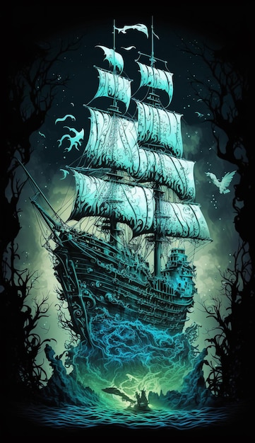 A blue ship with the sails down on a dark night.