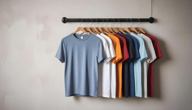 a blue shirt hanging on a hanger with a white shirt hanging on the wall