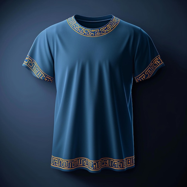 a blue shirt with a gold design on the front and the word quot calle quot on the front