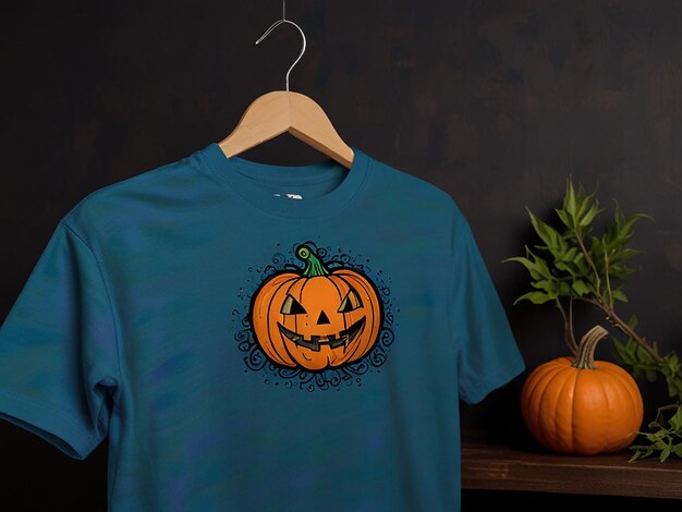 a blue shirt with a pumpkin on it hangs on a hanger