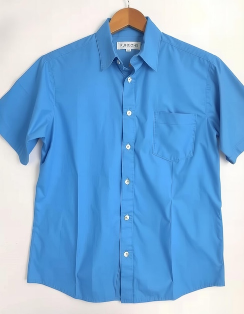 Photo a blue shirt with a white button on the front and the blue collar is hanging on a white wall