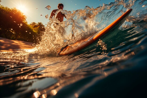 In blue shman irt with surfboard on the beachgenerative ai