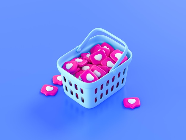 Blue Shopping cart with pink pin Like on isolated background Conceptual social networks 3d render