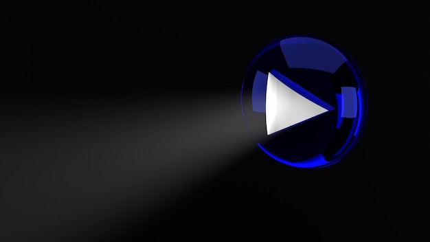 The blue sign of the play button from the center of which a beam of light comes out Music and digital audio concept on black background 3D rendering illustration