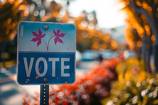 a blue sign that says vote on it