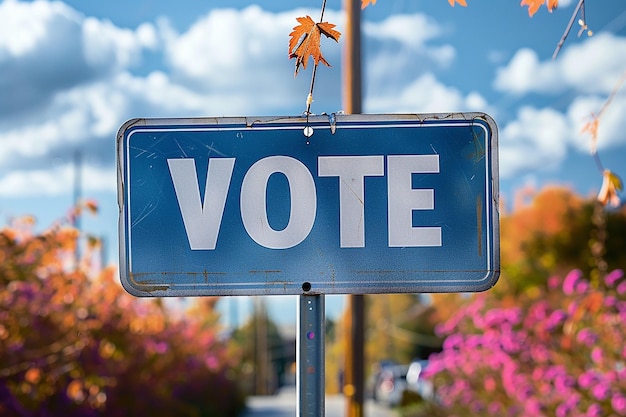 a blue sign that says vote on it