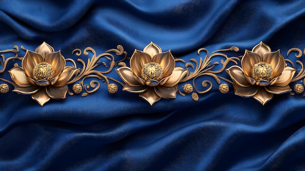 Photo blue silk fabric with a gold flower on the blue background