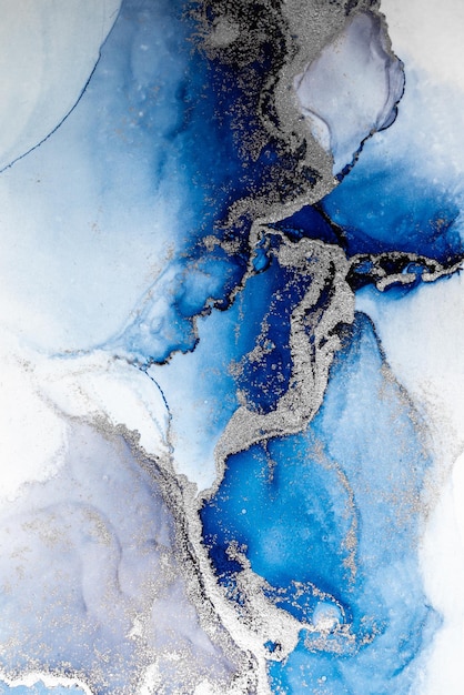 Blue silver abstract background of marble liquid ink art painting on paper