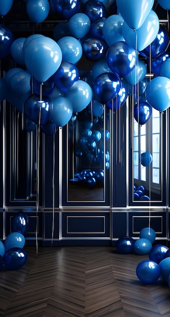 blue and silver balloons in a room