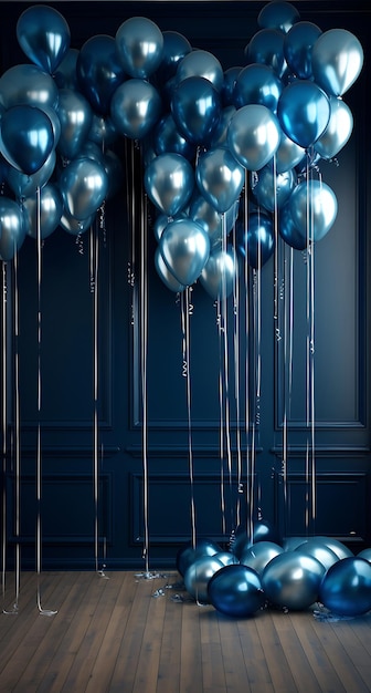 blue and silver balloons in a room