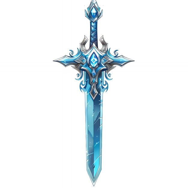 A blue and silver fantasy sword with an ornate hilt and a crystal pommel isolated on a white background