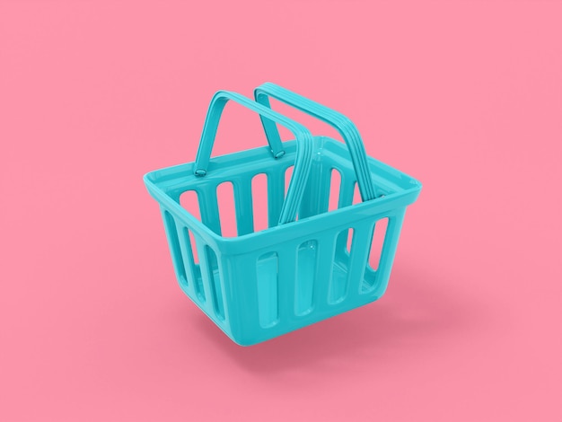 Blue single color shopping cart half view on pink monochrome background. Minimalistic design object. 3d rendering icon ui ux interface element.