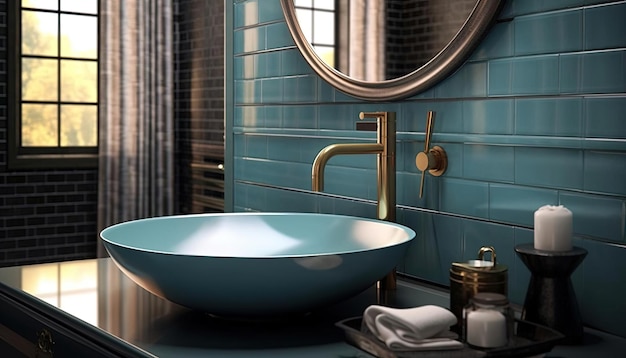 the blue sink is a contemporary design for the bathroom