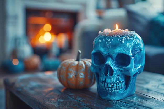 Photo a blue skull candle with a flickering flame is the centerpiece of a cozy autumnal table setting surrounded by pumpkins and a warm fireplace in the background