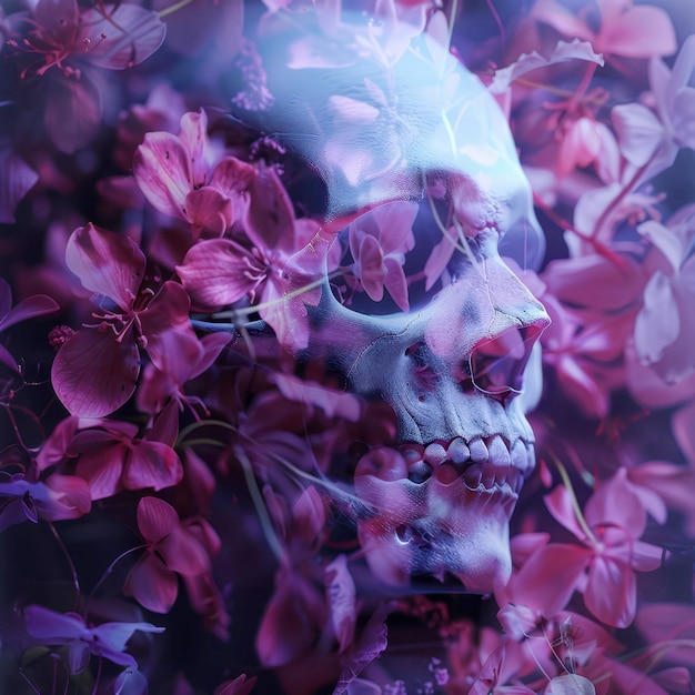 Photo a blue skull surrounded by purple flowers in a mysterious dreamlike setting