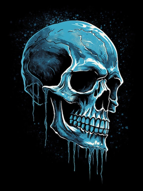 A blue skull with a black background and the word skull on it.