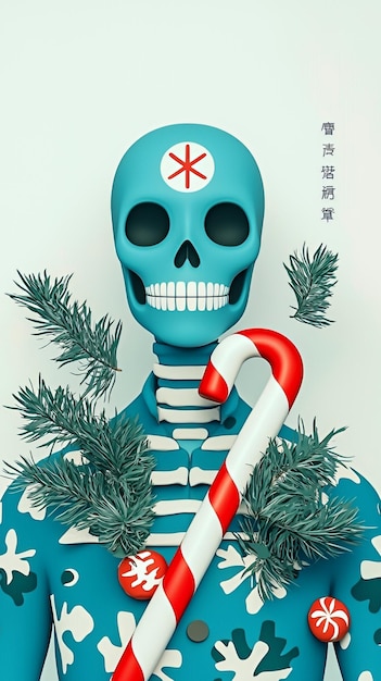 Photo blue skull with candy cane and christmas tree branches