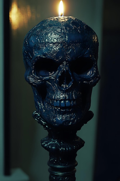 a blue skull with a chain around it is on a table