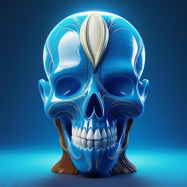 a blue skull with a white face and a blue surface