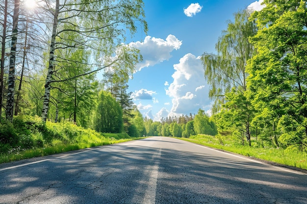 Photo a blue sky above an asphalt road and a scene of verdant forests generative ai