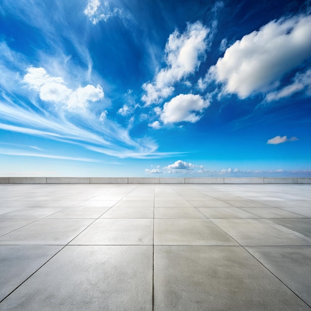 Blue Sky Background Cloud Horizon with Empty Concrete Floor