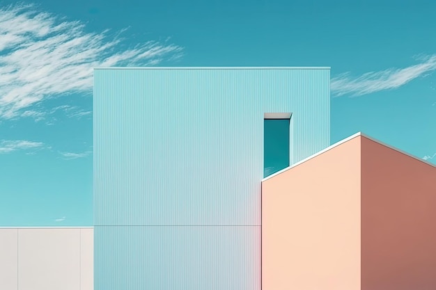 Blue sky background and a minimalist building facade in pastel colors