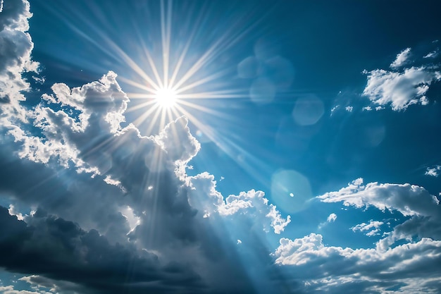 Blue sky background with tiny clouds and sun ray Nature composition