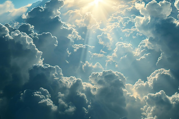 Blue sky background with tiny clouds and sun rays Beautiful nature background