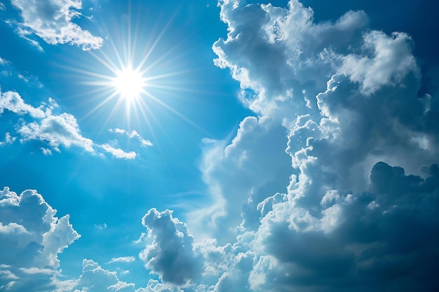 Blue sky background with tiny clouds and sun rays Nature composition