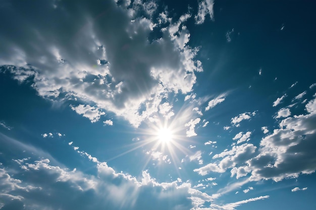 Blue sky background with white clouds and bright sun Nature composition