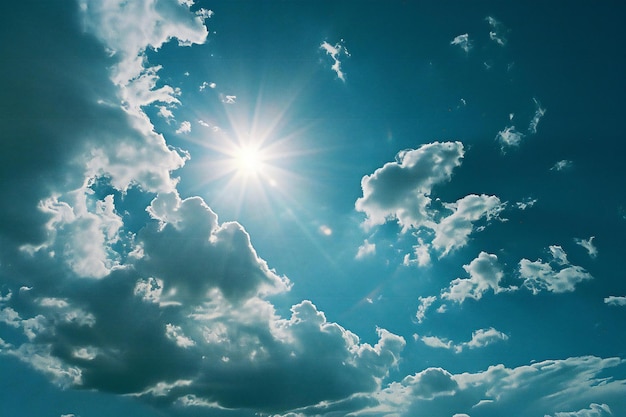 Blue sky background with white clouds and sun Beautiful natural background