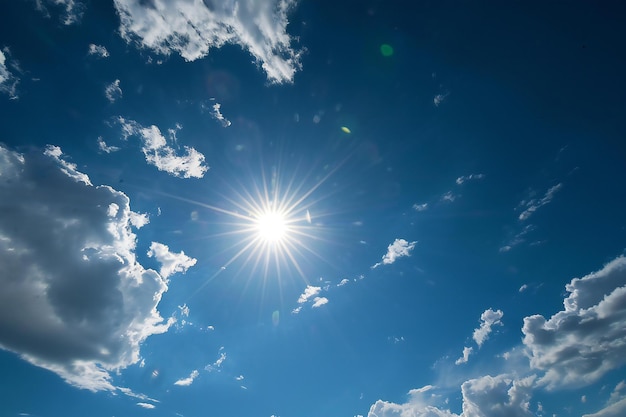 Blue sky background with white clouds and sun