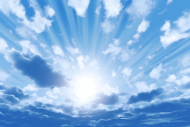 Blue sky background with white clouds and sun