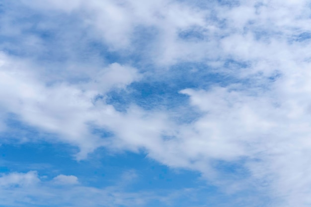 Blue sky background with white fluffy cumulus clouds Panorama of white fluffy clouds in the blue sky Beautiful vast blue sky with amazing scattered cumulus clouds