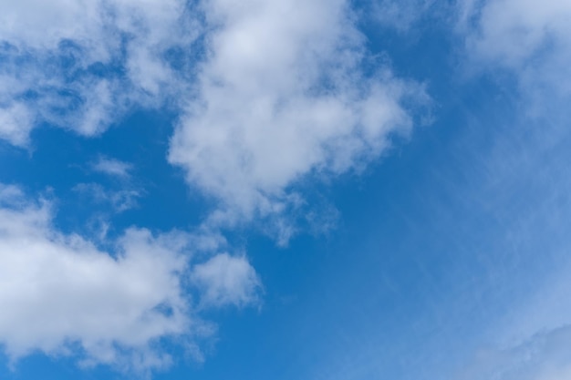 Blue sky background with white fluffy cumulus clouds Panorama of white fluffy clouds in the blue sky Beautiful vast blue sky with amazing scattered cumulus clouds