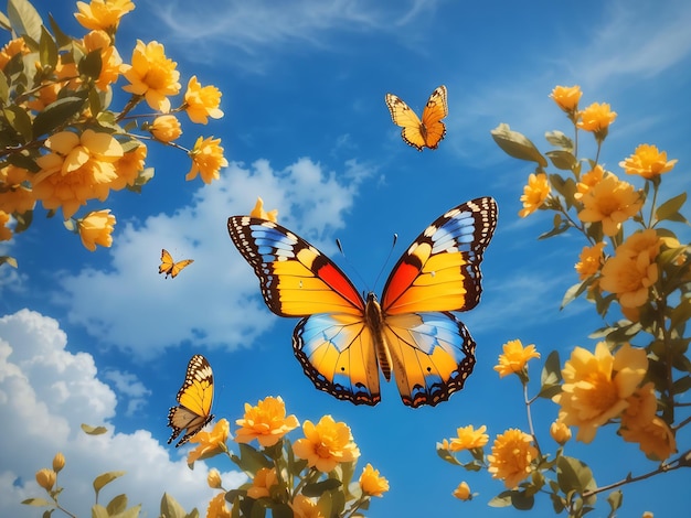 Blue Sky beautiful blue yellow orange butterfly in flight AI Generated