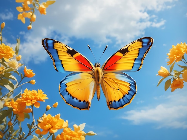 Blue Sky beautiful blue yellow orange butterfly in flight AI Generated