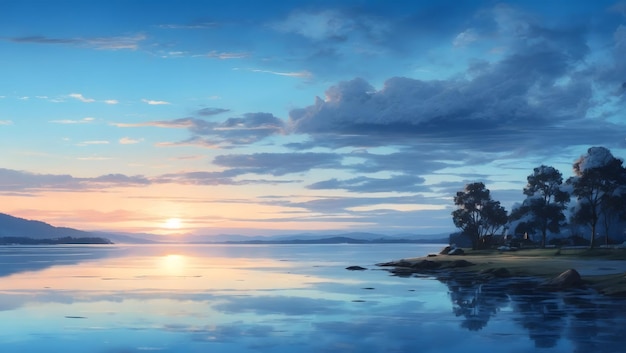 The blue sky and blue water before sunrise the fresh air the quiet and beautiful scenery