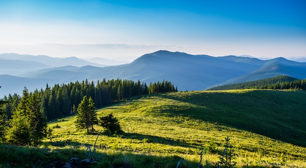 Blue sky and green hills