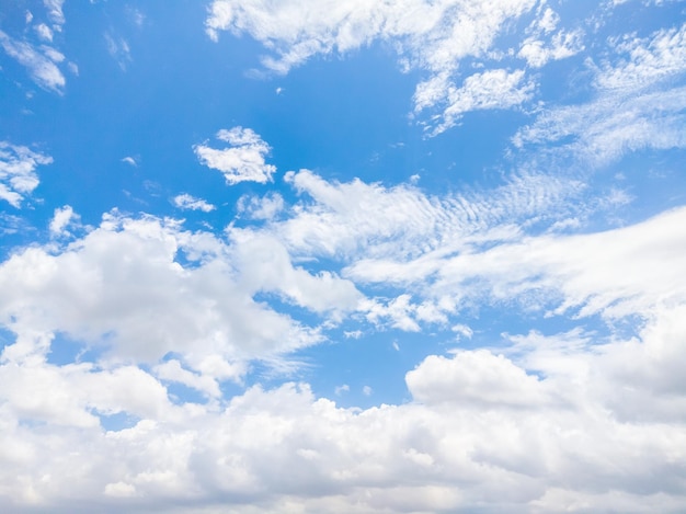 Blue sky and many white big clouds in daylight Natural sky composition Ideal for use in the design or wallpaper