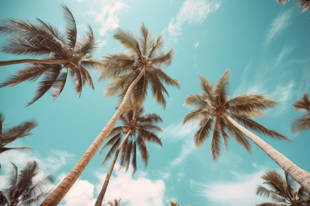 Blue sky and palm trees view from below vintage style