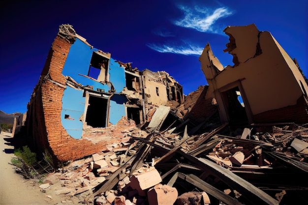 Blue sky above ruined residential buildings after aftermath earthquake created with generative ai