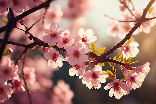 Blue sky and sakura tree with tender pink flowers bloom AI Generated