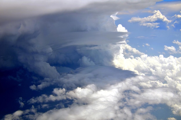 Blue sky and silky white clouds with impressive shapes, views over the heights.