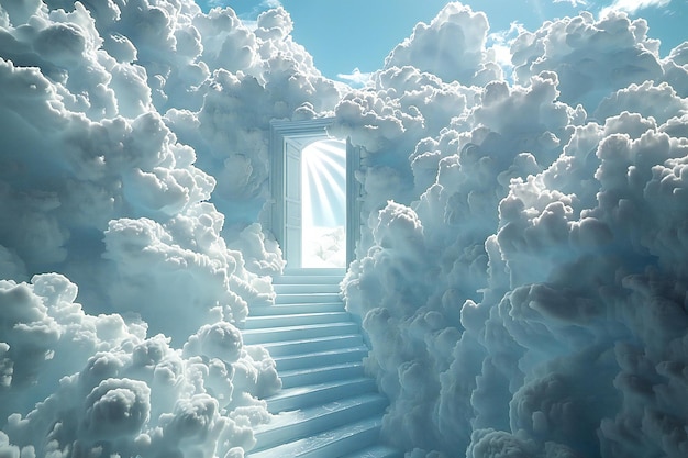 Photo in the blue sky there is an open door in white clouds with stairs leading to heaven the background